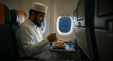 Ilustrasi seorang muslim sedang makan di pesawat. Foto: Shutterstock