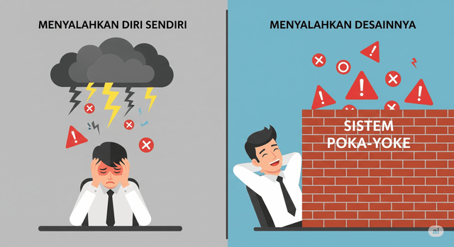 Ilustrasi Poka-Yoke melindungi pekerjaan (Sumber: dibuat menggunakan Gemini AI)