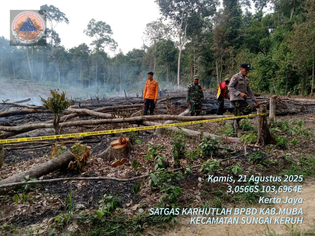 Lahan yang mengalami karhutla di Muba di pasang police line. Foto : Dok. BPBD Muba