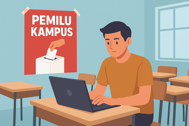 Ilustrasi Vector Mahasiswa di kelas sibuk dengan laptop, tapi cuek sama poster pemilu kampus di belakangnya. (Sumber: https://chatgpt.com)
