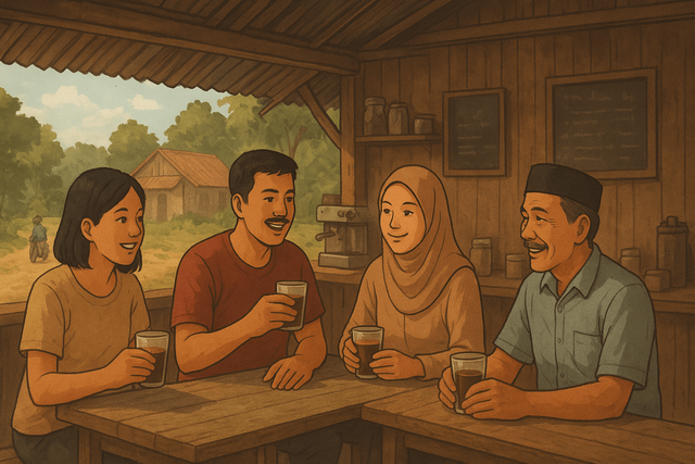 Ilustrasi Orang yang Sedang Berkumpul dan Ngopi Bersama pada Sebuah Warung Kopi Sederhana di Pedesaan (Foto dibuat dengan AI)