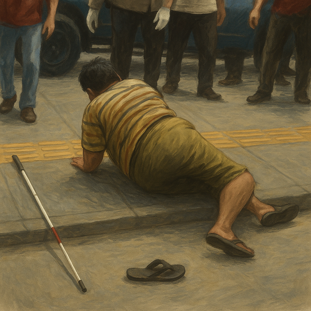 Ilustrasi Disabilitas Netra Terjatuh Setelah Ditarik Paksa oleh Petugas. Sumber foto: Generated AI dari OpenAI. 