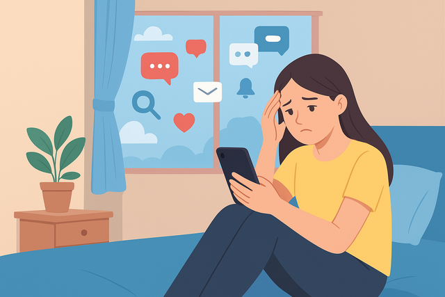 ilustrasi menunjukkan remaja duduk sendiri di ruang gelap, dikelilingi notifikasi, wajah cemas menunjukkan kecemasan yang tersembunyi di balik media sosial. Sumber Gambar: pixaby.com