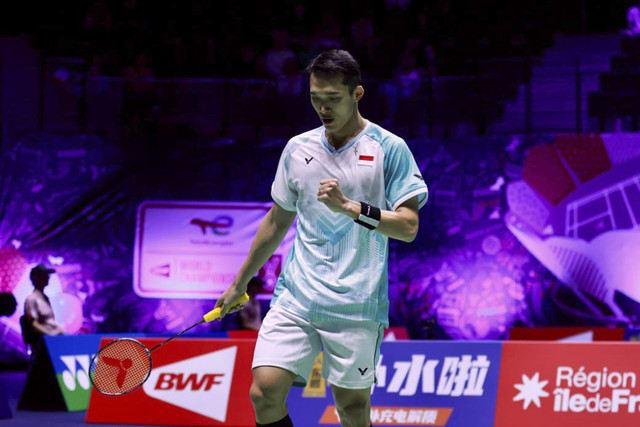 Pebulu tangkis tunggal putra Indonesia, Jonatan Christie, saat bertanding di Kejuaraan Dunia BWF 2025. Foto: Dok. PBSI