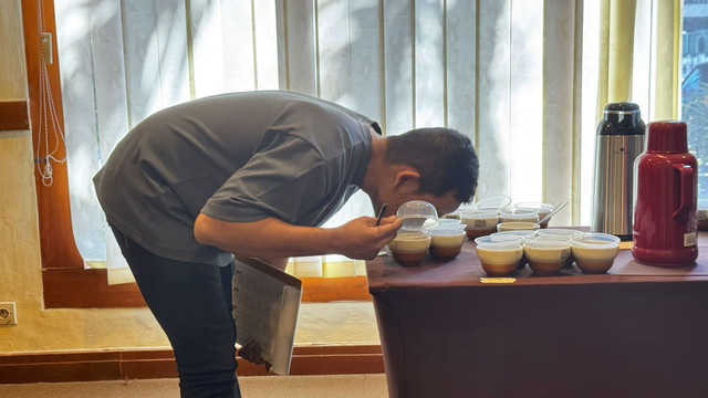 Salah satu juri Green Bean Competition Jogja Coffee Week (JCW) 2025 melakukan coffee cupping atau uji cita rasa kopi di Loman Park Hotel Yogyakarta, Selasa (26/8). Green Bean Competition melibatkan 12 juri tersertifikasi untuk menilai 150 biji kopi kiriman petani dan prosesor dari seluruh Indonesia. Foto: Pandangan Jogja/Nuha K