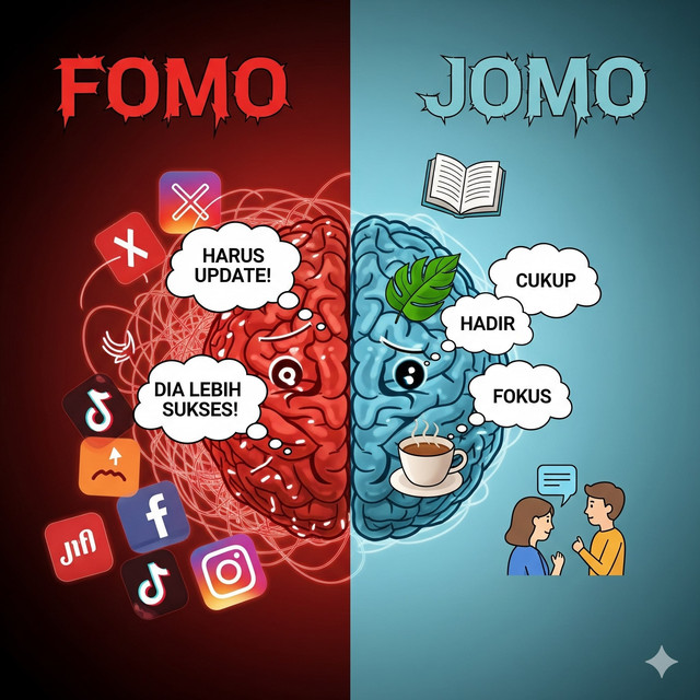 Ilustrasi Fomo vs Jomo, dibuat oleh Gemini AI.