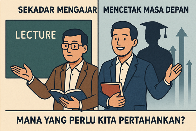 Ilustrasi Dosen Mengajar vs Dosen Pencetak Masa Depan (sumber: generate GPT AI)