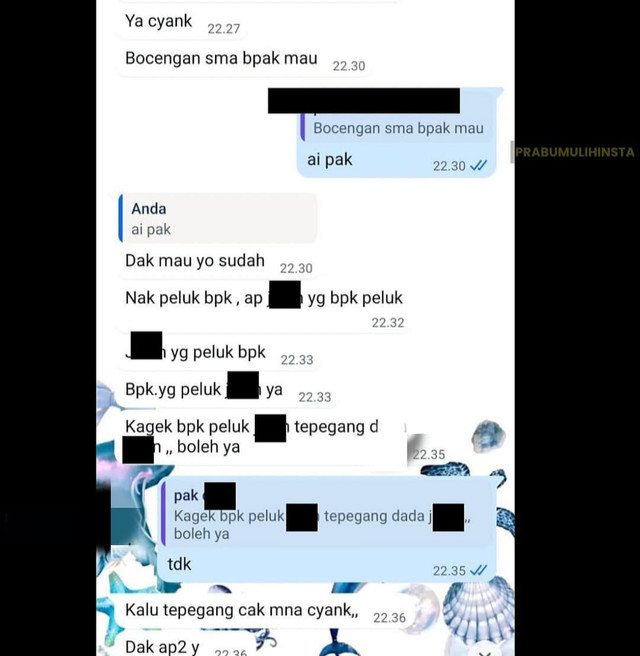 Tangkap layar chat bernuansa mesum antara guru berinisial D dengan siswinya. Foto : Istimewa