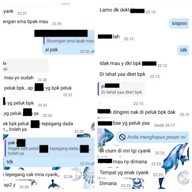 Tangkap layar chat mesum yang dilakukan oknum guru SMP negeri kepada siswinya beredar di media sosial. Foto : Istimewa