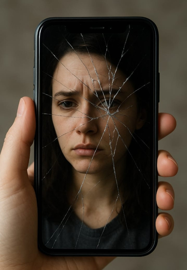 Retakan layar ponsel yang memantulkan wajah murung, merefleksikan rapuhnya relasi medsos dengan manusia, antara identitas, emosi, dan cermin digital yang tak utuh. Sumber: Atthoriq Chairul Hakim