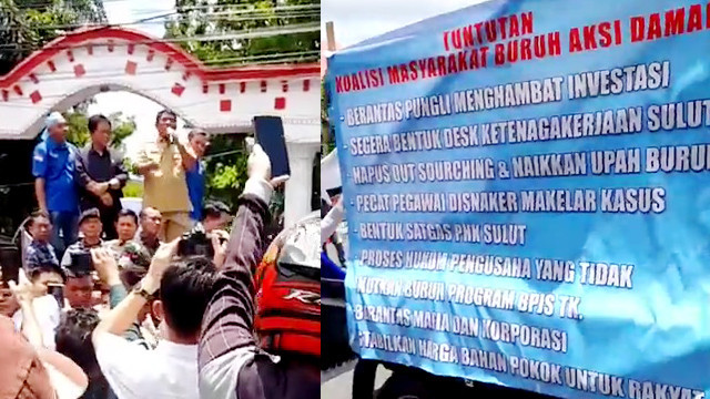 Kolase demo buruh di Sulawesi Utara dan tuntutan dalam aksi demo buruh tersebut.