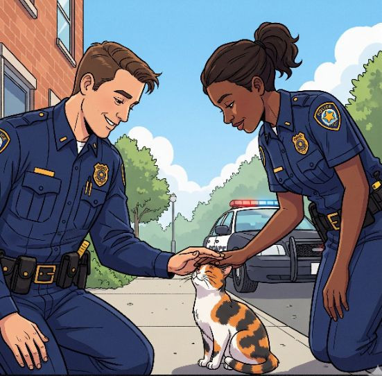 Ilustrasi dua polisi mengelus kepala seekor kucing kaliko. (Sumber: Gemini AI)