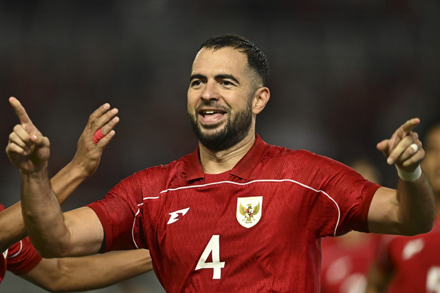 Pesepak bola Timnas Indonesia Jordi Amat berselebrasi usai mencetak gol ke gawang Timnas Taiwan dalam FIFA Matchday di Stadion Gelora Bung Tomo, Surabaya, Jawa Timur, Jumat (5/9/2025). Foto: Sigid Kurniawan/ANTARA FOTO