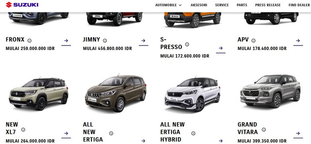 Tidak ada nama Baleno di lini katalog laman resmi mobil Suzuki saat diakses per September 2025. Foto: dok. Tangkapan Layar
