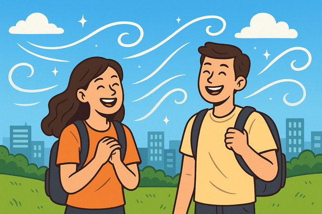 Ilustrasi udara bersih dan mahasiswa yang tersenyum lepas. Dibuat menggunakan AI ChatGPT oleh Rizky Amanda Putra Hanka (dokumen pribadi).