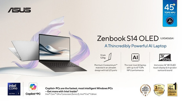ASUS Zenbook S14 OLED (UX5406SA) merupakan laptop AI tipis dengan baterai awet. Foto: dok. ASUS