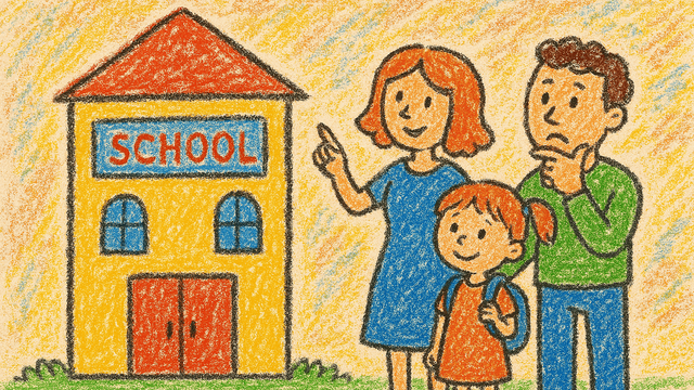 Ilustrasi orang tua memilih sekolah untuk anak. Gambar dibuat menggunakan Microsoft Copilot