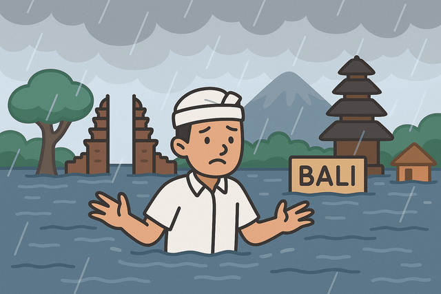 Ilustrasi banjir di Bali. Dibuat dengan AI ChatGPT oleh Rizky Amanda Putra Hanka. Foto: Dokumentasi pribadi.