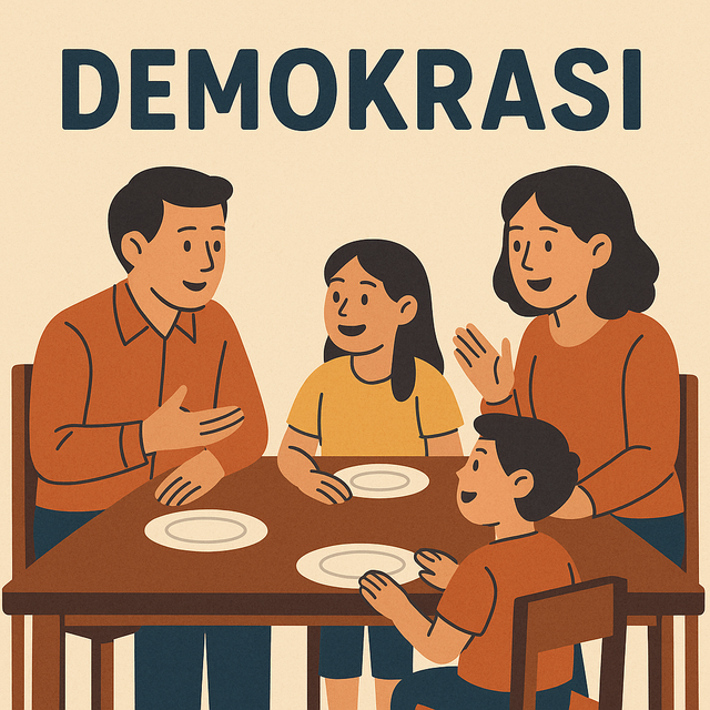 Ilustrasi keluarga sedang berdialog, menunjukkan sisi demokrasi di meja makan. Dibuat dengan AI ChatGPT oleh Rizky Amanda Putra Hanka (dokumen pribadi).