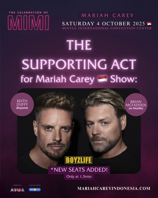 Konser Mariah Carey-The Celebration of Mimi yang siap digelar 4 Oktober di Sentul International Convention Center (SICC) siap menghadirkan penyanyi asal Irlandia, Keith Duffy (personil Boyzone) dan Brian McFadden (mantan Westlife). Foto: Dok. Istimewa
