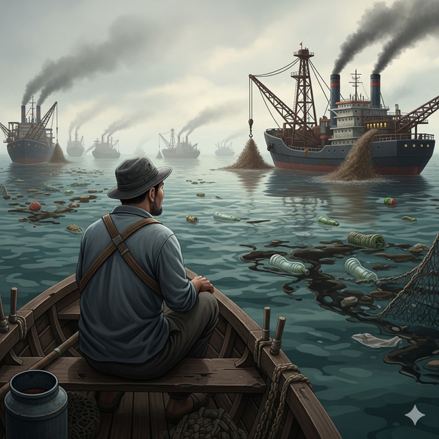 Ilustrasi antara pertambangan, laut dan nelayan Sumber: GeminiAI