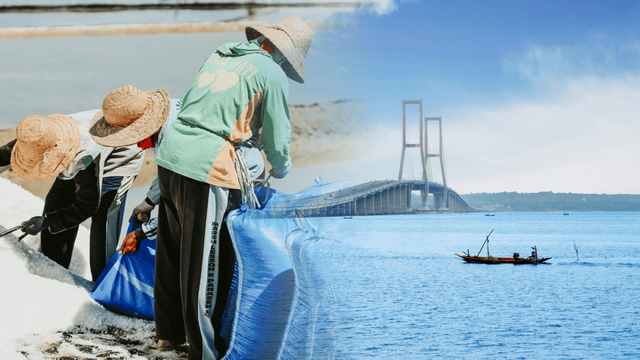Ilustrasi Produksi garam dan Jembatan Suramadu menjadi simbol kontribusi Madura bagi Jawa Timur. Sumber: Canva