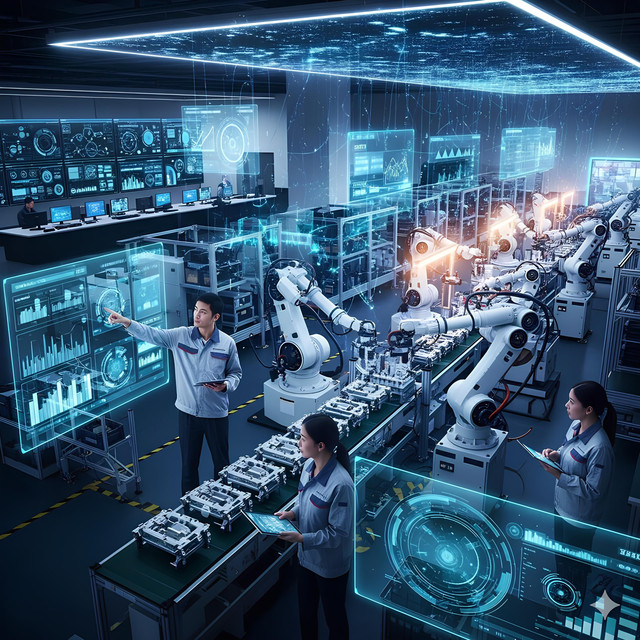 Pabrik modern memanfaatkan robot dan data digital untuk efisiensi - Dibuat oleh Gemini AI