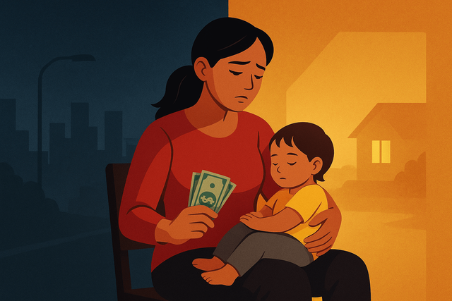 Demi nafkah dan kasih sayang, ibu tetap tegar berjuang. Image source : GPT Image Generator.