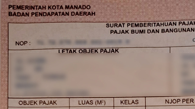 Ilustrasi surat pemberitahuan Pajak PBB Kota Manado, Sulawesi Utara.