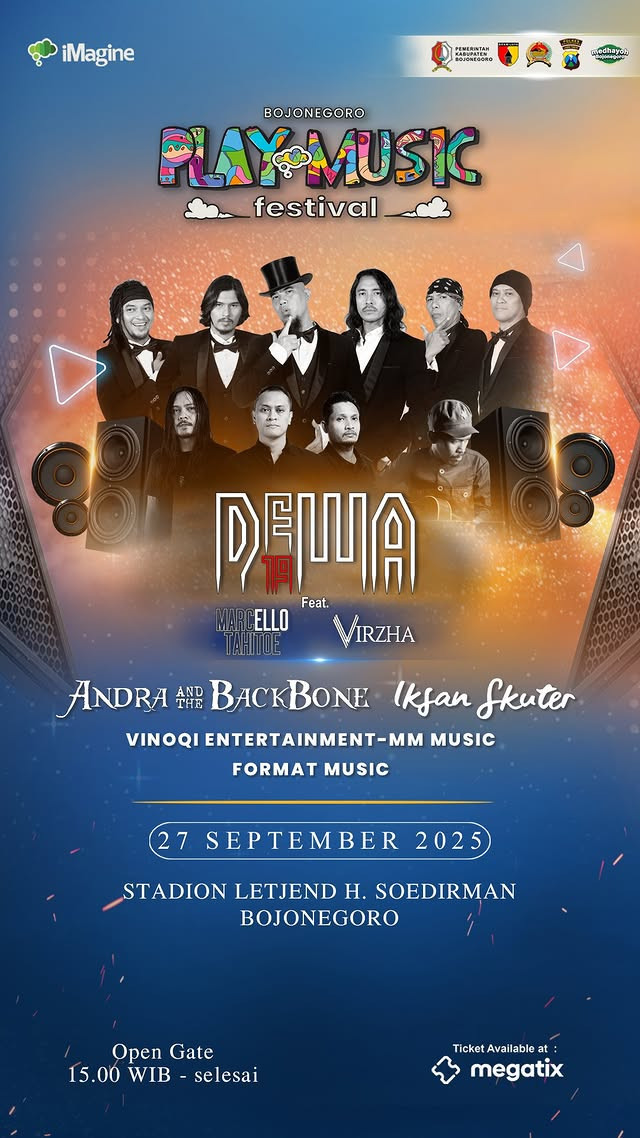 Flyer Bojonegoro Play Music Festival 2025 di Stadion Letjen H Soedirman, Bojonegoro, Jawa Timur. Sabtu (27/09/2025). (Aset: Istimewa)
