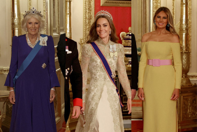 Tampilan Kate Middleton, Ratu Camilla, dan Melania Trump di jamuan kerajaan. Foto: AFP