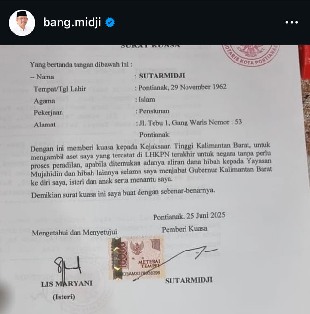 Surat kuasa untuk Kejati Kalbar yang diunggah Sutarmidji di akun instagramnya. Foto: Dok. Instagram @bang.midji