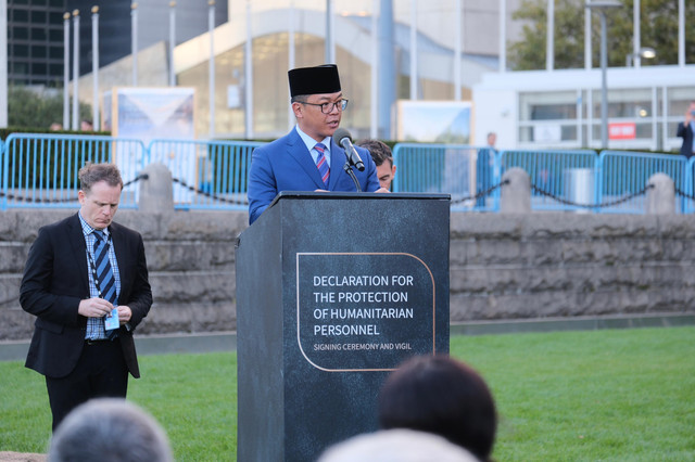 Menteri Luar Negeri RI Sugiono saat menghadiri side event peluncuran Deklarasi Global Pelindungan Personel Kemanusiaan di Markas Besar PBB, New York, Sabtu (21/9/2025). Foto: Kemlu RI