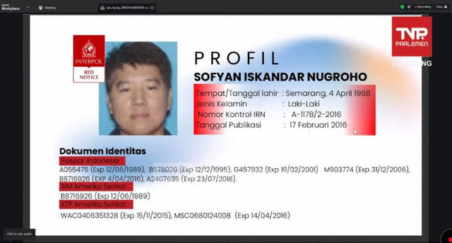 Sofyan Iskandar Nugroho, Subyek Red Notice Interpol AS yang kini berkeliaran di Bandung. Foto: YouTube/ TVR Parlemen