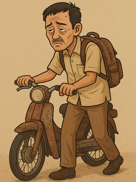 Ilustrasi seorang guru senior dengan motor tuanya. Generated with ChatGPT.