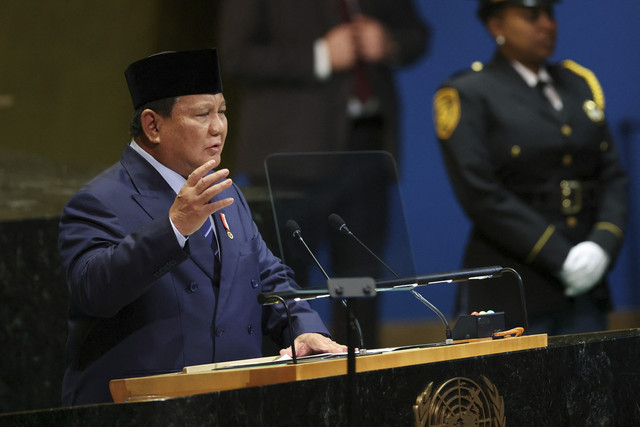 Presiden Indonesia Prabowo Subianto berpidato di Sidang Umum Perserikatan Bangsa-Bangsa ke-80 di Markas Besar PBB di New York, AS, Selasa (23/9/2025). Foto: Shannon Stapleton/REUTERS