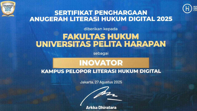 Pada Pemeringkatan Top Indonesian Law School 2025 yang diadakan oleh Hukumonline pada 1 September 2025, FH UPH berhasil meraih Peringkat 3 Perguruan Tinggi Swasta (PTS) Terbaik Nasional, Peringkat 2 PTS Hukum Terbaik Wilayah Barat, serta penghargaan Anugerah Literasi Hukum Digital dengan predikat Inovator (Kampus Pelopor Literasi Hukum Digital).