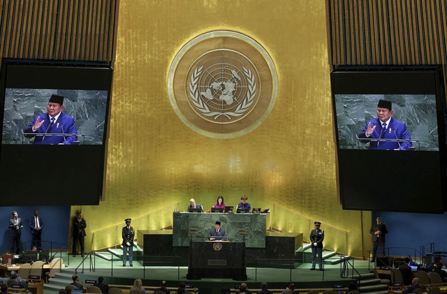 Presiden Prabowo Subianto menyampaikan pidato mendukung Palestina di sidang umum PBB (Sumber: Kumparan)