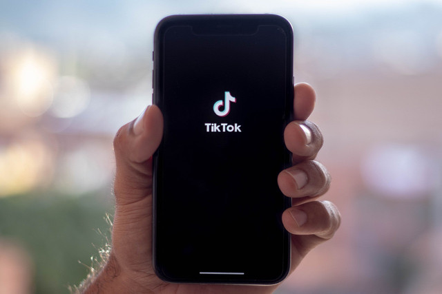 Gambar tangan seseorang yang memegang handphone, menampilkan aplikasi tiktok (oleh Lolo_btl di Pixabay).