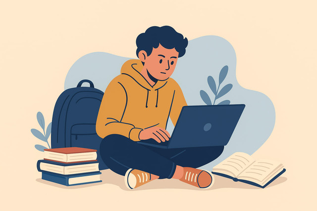 Ilustrasi ini menunjukkan mahasiswa dengan buku dan laptop, simbol semangat muda menghadapi tantangan pendidikan dan ekonomi. Sumber Gambar: pixabay.com