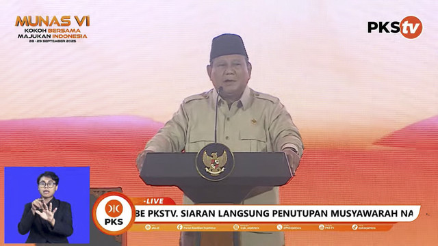 Presiden RI Prabowo Subianto dalam penutupan Musyawarah Nasional VI Partai Keadilan Sejahtera (PKS) di Hotel Sultan, Jakarta, Senin (29/9/2025).
Foto: YouTube/ PKSTV