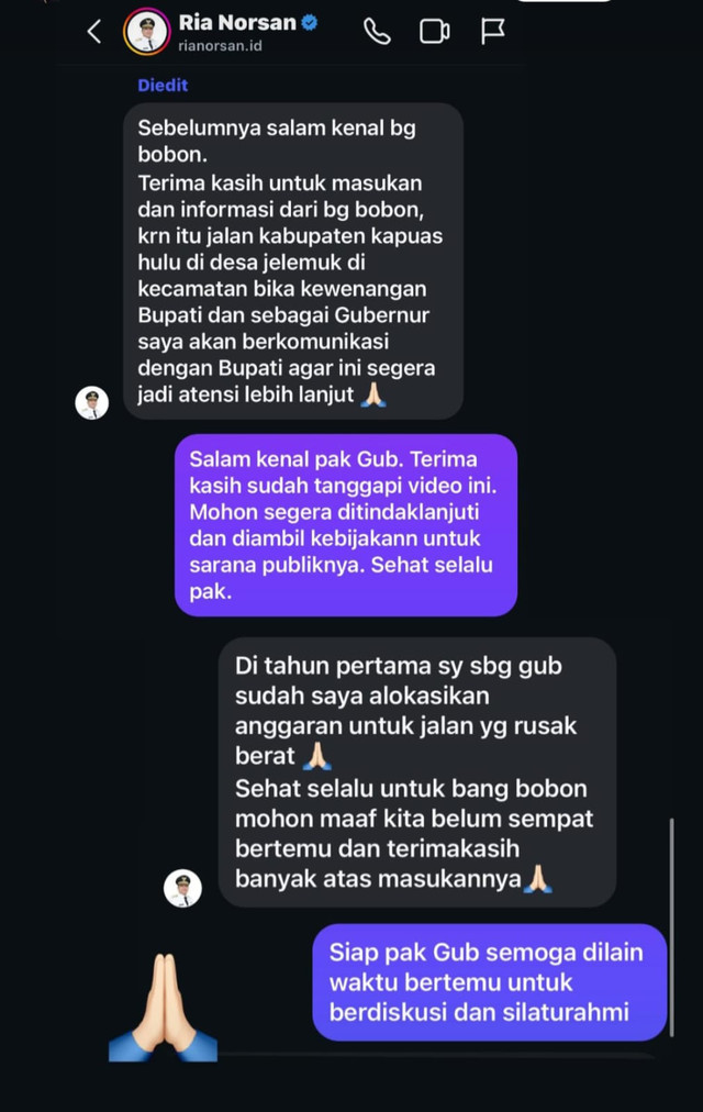 Gubernur Kalbar Ria Norsan memberikan respons cepat dan berjanji segera menindaklanjuti kerusakan jalan tersebut. Foto: Dok. Instagram @bobonsantoso