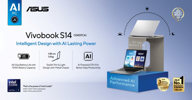 ASUS Vivobook S14 (S3407CA) dengan desain yang tipis, ringan, tahan seharian, dan kemampuan AI dalam menunjang pekerjaan. Foto: Dok. Istimewa