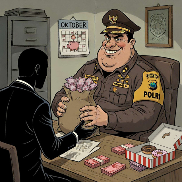 Ilustrasi oknum Polisi yang menerima suap. Dok: Pribadi (diolah oleh AI & dipoles Canva)