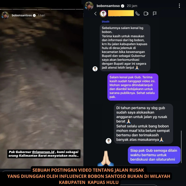 Tangkapan layar tentang kondisi jalan rusak yang diunggah influencer Bobon Santoso. Foto: Dok. @prokopim.kapuashulu