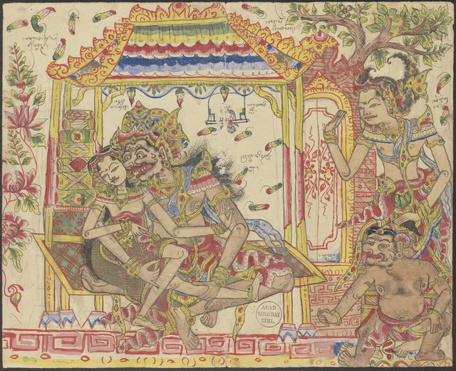 Lukisan bergaya Kamasan dari Bali, menggambarkan adegan saat Supraba berpura-pura bercengkerama dengan Niwatakawaca demi mencari tahu kelemahannya, sementara Arjuna mengintip di sisi kanan. Sumber : https://www.wikiwand.com/id/articles/Kakawin_Arjunawiwaha