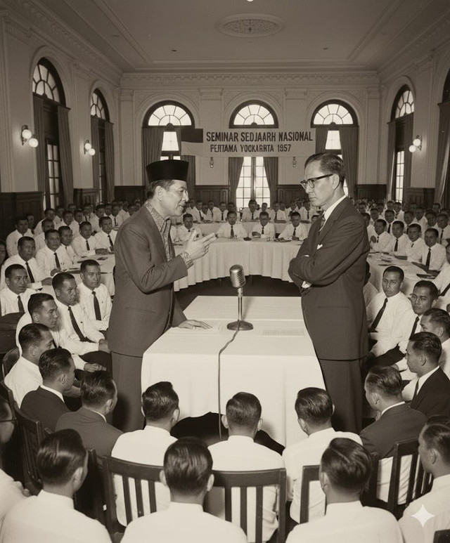Ilustrasi perdebataan seminar sejarah nasional pertama di Yogyakarta tahun 1958 oleh Sandi Kurniawan Pratama, edited by : Gemini. AI.