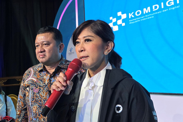 Menteri Komdigi Meutya Hafid dalam acara Launching Garuda Innovation Hub dan Indeks Masyarakat Digital (IMDI), Jakarta, Kamis (2/10/2025). Foto: Thomas Bosco/kumparan