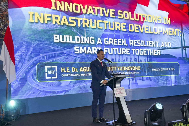 Menteri Koordinator Bidang Infrastruktur dan Pembangunan Kewilayahan, Agus Harimurti Yudhoyono di acara Switzerland Global Conference di Jakarta Selatan, Jumat (3/10/2025). Foto: Najma Ramadhanya/kumparan