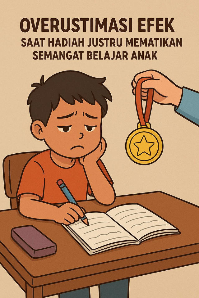 Ilustrasi overjustification effect:hadiah berlebihan bisa membunuh motivasi belajar anak di sekolah Indonesia sumber:AI Generated via chat GPT